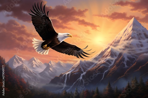 eagle flying in the sunset over the mountain