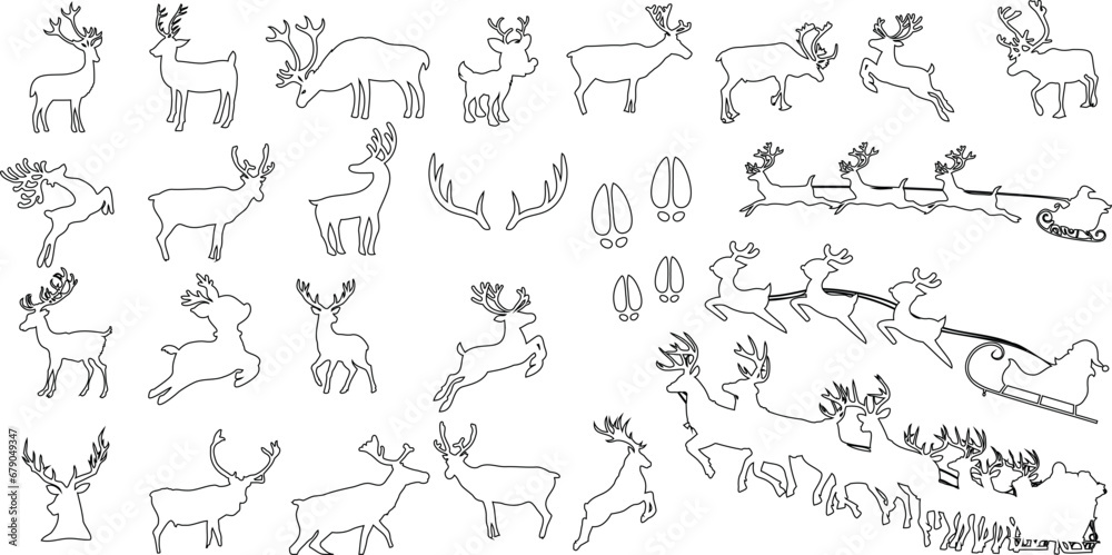 Reindeer line art vector illustration. Minimalistic design, multiple poses. Perfect for Christmas, winter, holiday themes. Scandinavian, Nordic style. Ideal for graphic design, art, doodle, cartoon. 