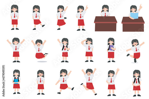 set of cartoon cutes littles girl wearing school costume in indonesia.