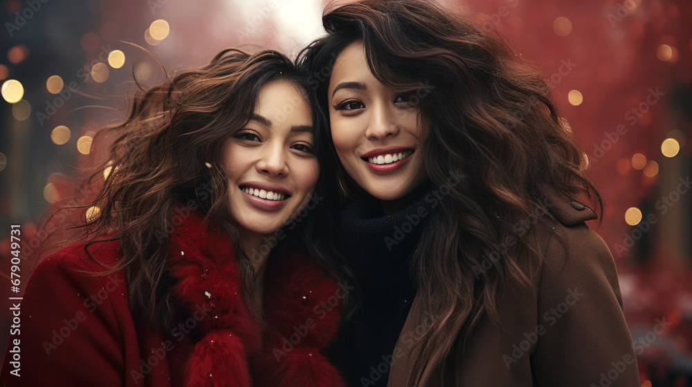 Smiling girls with red clothing, Happy New year