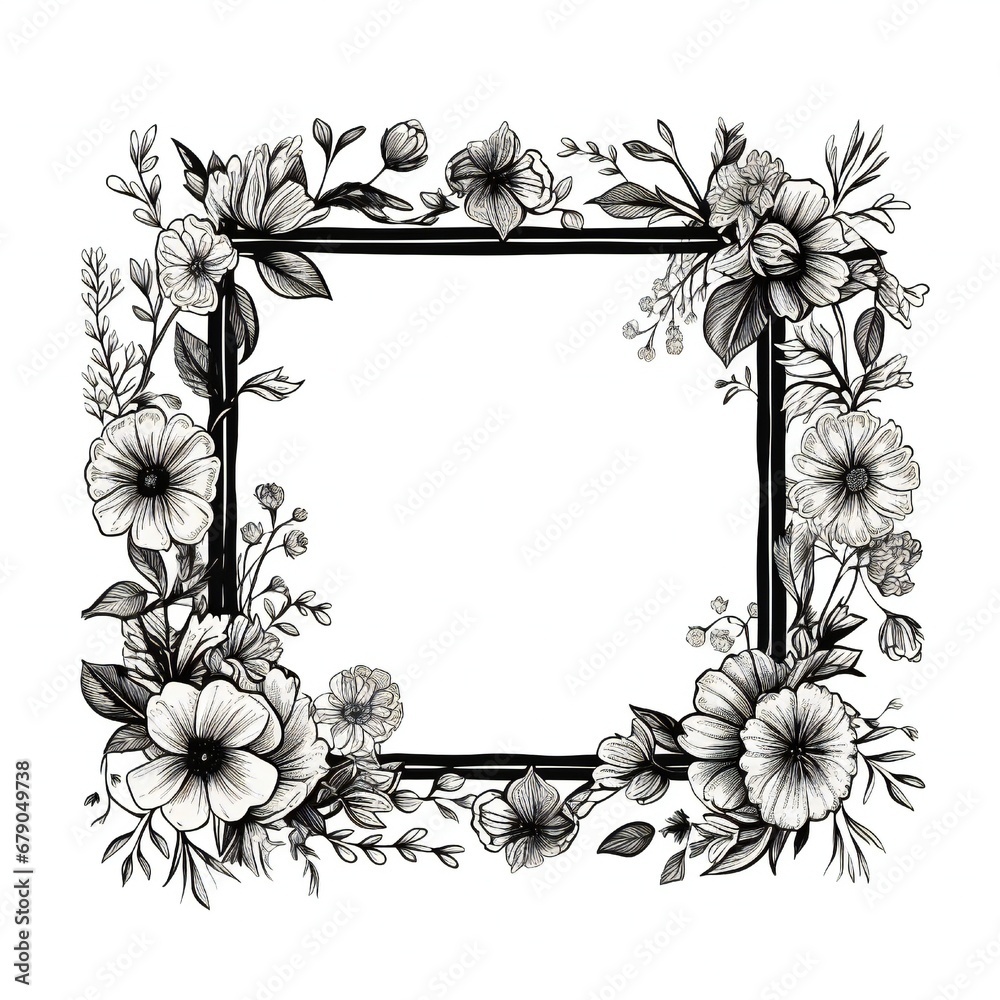 Engraving hand drawn black floral frame Generative AI Engraving hand drawn black floral frame Generative AI