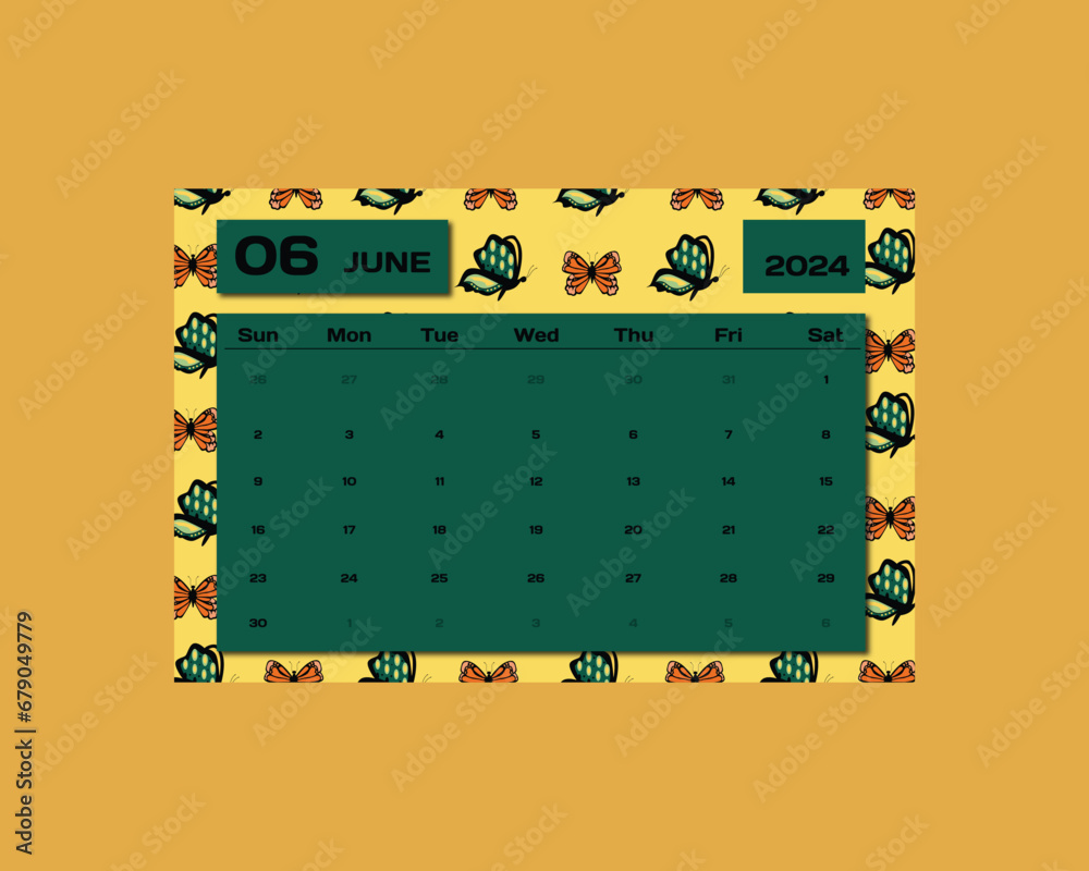Monthly calendar of june 2024 with butterfly pattern background stock