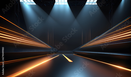 3d rendering of an empty room with neon lights and spotlights