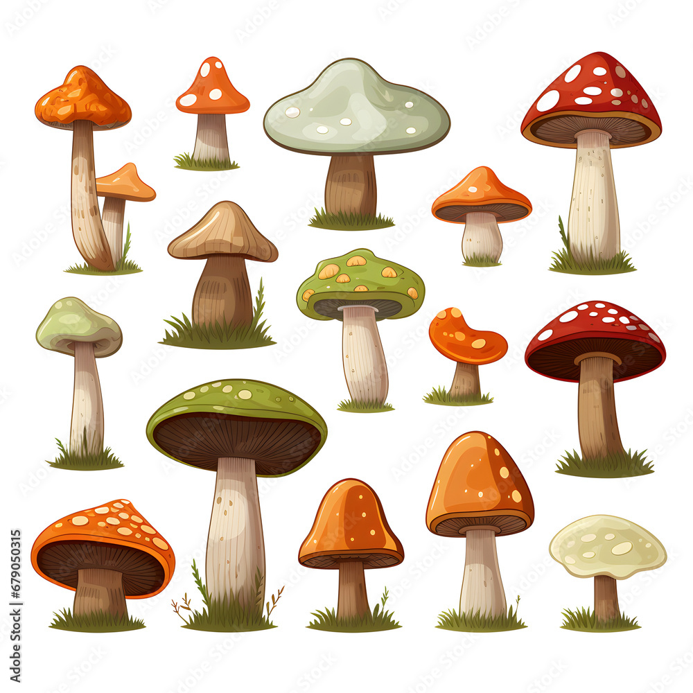 Colourful set of cartoon mushrooms. Ideal for 2d game design, or print pattern Colourful set of cartoon mushrooms. Ideal for 2d game design, or print pattern