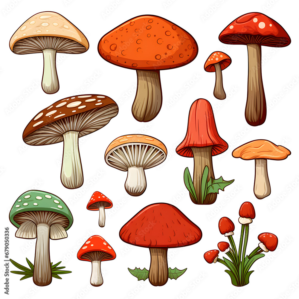 Colourful set of cartoon mushrooms. Ideal for 2d game design, or print pattern