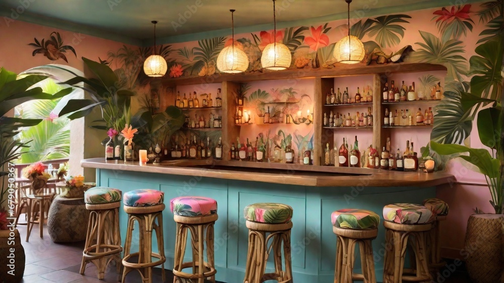 tiki bar a cozy atmosphere Hawaii relaxation and paradise liqueur display behind tiki bar a cozy atmosphere Hawaii relaxation and paradise liqueur display behind