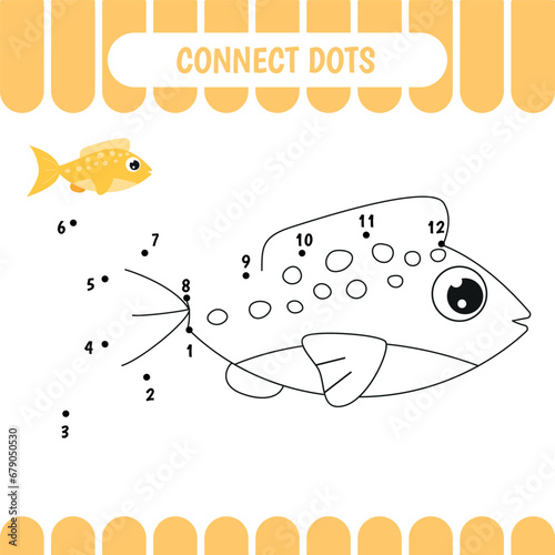 Connect dots and color fish. Dot to dot activity worksheet for kids.  Vector Illustration.