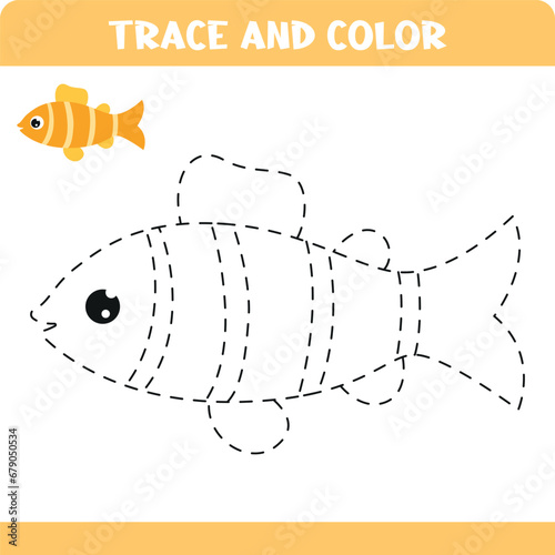 Trace the fish handwriting practice for kids. Educational activity worksheets. photo