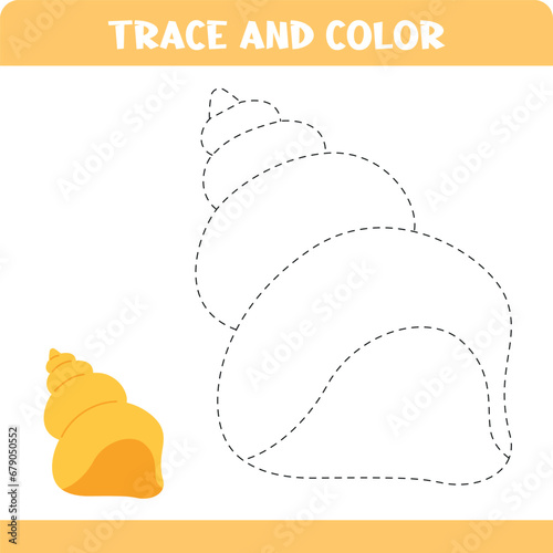 Trace and color game for kids. Activity worksheet. Outline Shell