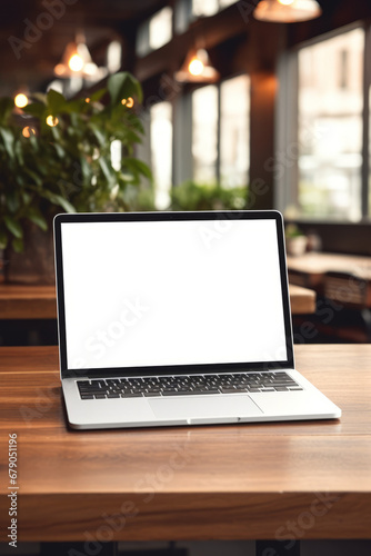 Modern Macbook Pro Laptop on Wooden Table in Cafe Ambiance