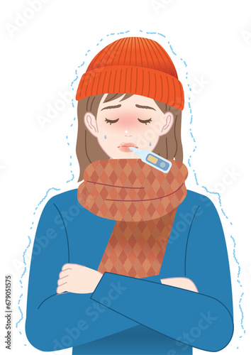 風邪気味で体温を測る女性イラスト