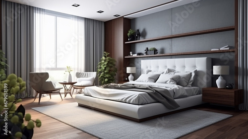 Interior design Big modern Bedroom. Stylish room interior with big comfortable bed. generative ai © Witri