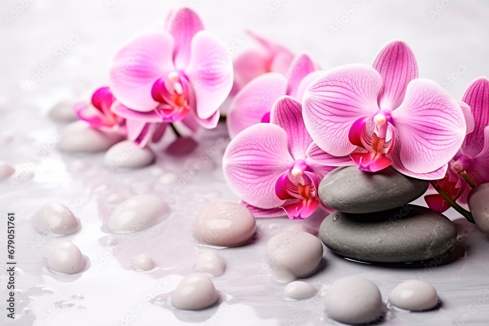 Beautiful orchids and stones for spa treatments and relaxation	