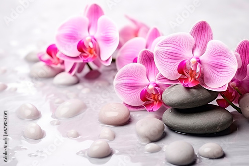 Beautiful orchids and stones for spa treatments and relaxation 
