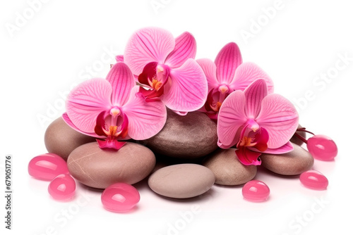 Beautiful orchids and stones for spa treatments and relaxation 