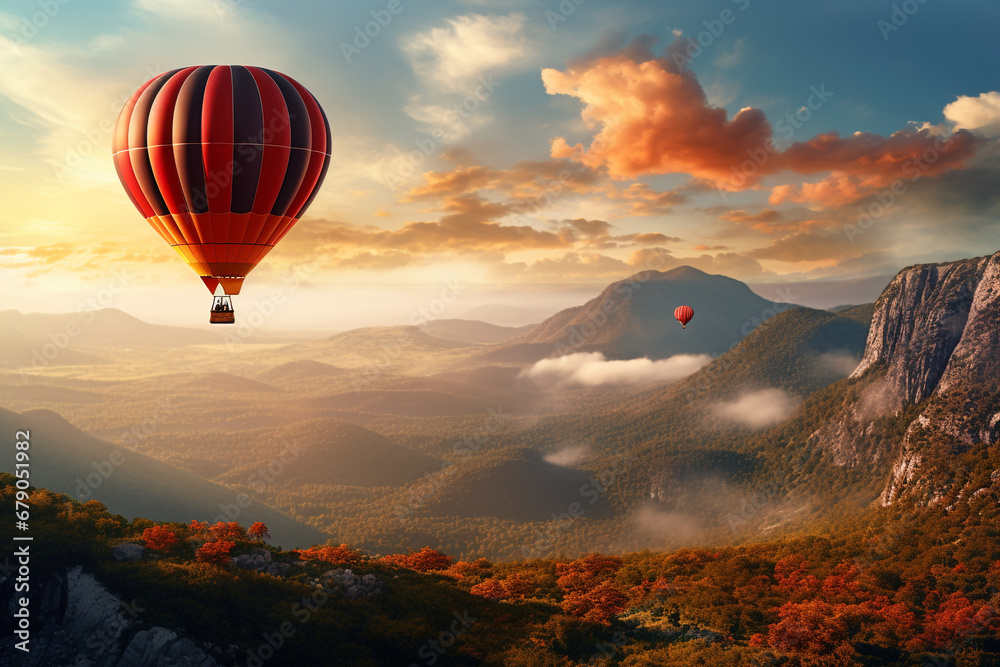 illustration of a hot air balloon over a mountains on sunset. Created with Generative AI