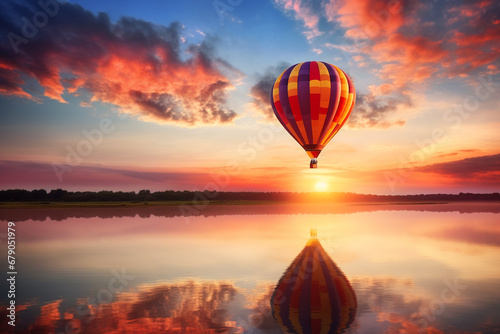 illustration of a hot air balloon over a water on sunset. Created with Generative AI