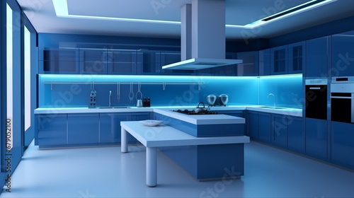 Interior of modern kitchen in blue tones. Interior of modern kitchen with blue wall. generative ai