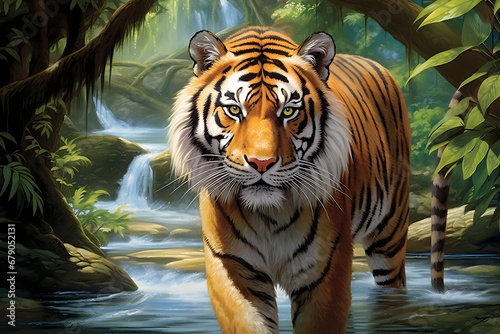 tiger in the river. a majestic tiger walking