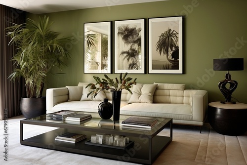 Beautiful living room  olive green wall
