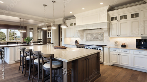 Kitchen in luxury home. Kitchen in new luxury home with quartz waterfall island. generative ai