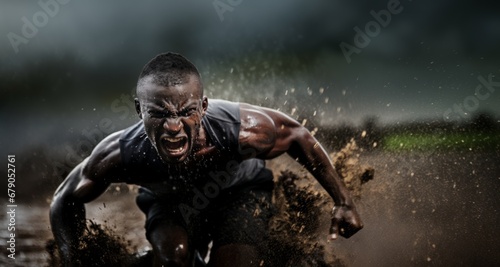 Intense Male Athlete Sprinting in Mud