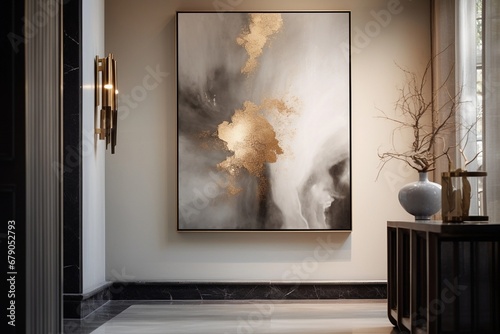 entrance hall with big golden art at wall