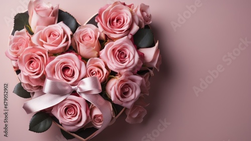 Pink roses in a heart-shaped box on a pink background  top view