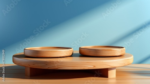 The bright light blue background with a wooden podium. On top of the wooden podium, there are two small podiums that add a minimal touch to the product display