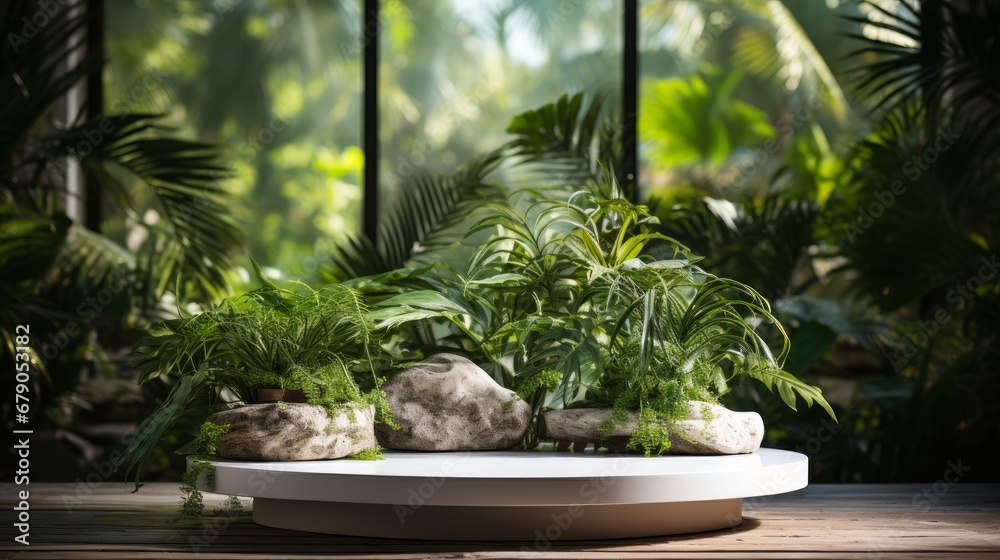 Empty stone round podium in green tropical garden with copy space for product display Empty stone round podium in green tropical garden with copy space for product display