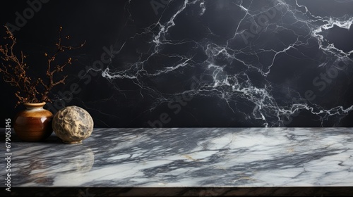 Empty white marble table on black marble background photo