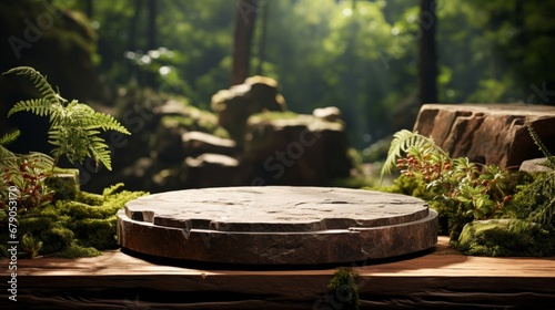 Empty stone round podium in green tropical garden with copy space for product display © Tn