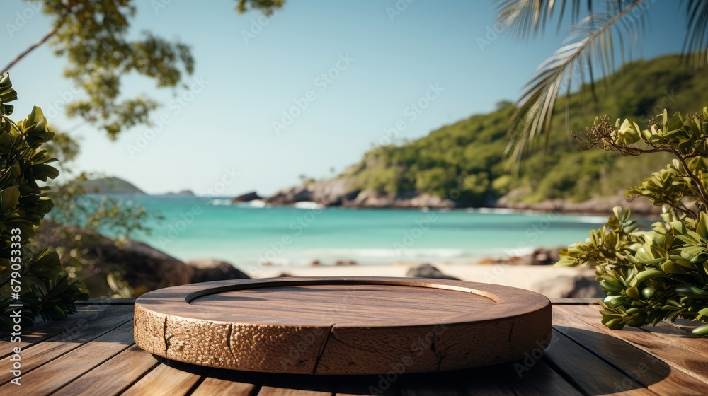 Empty wooden round podium on wooden floor with sea, island and beach background