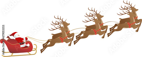Flying reindeer Santa Claus sleigh 3d effect. Transparent background illustration. photo