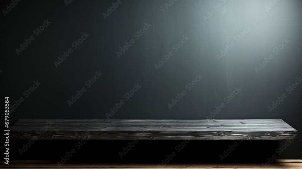 Empty black wooden shelf on a dark background Empty black wooden shelf on a dark background