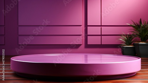 Purple podium neon lights and minimal wall screen pink background