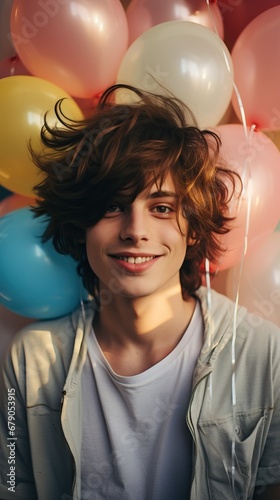 Cheerful young man with a mix of colorful balloons