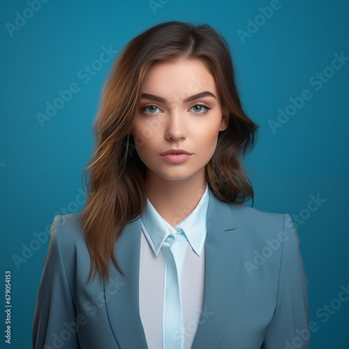 businesswoman portrait in light blue attire with a matching background