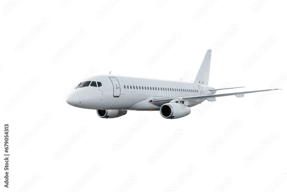 White passenger jet plane flies isolated