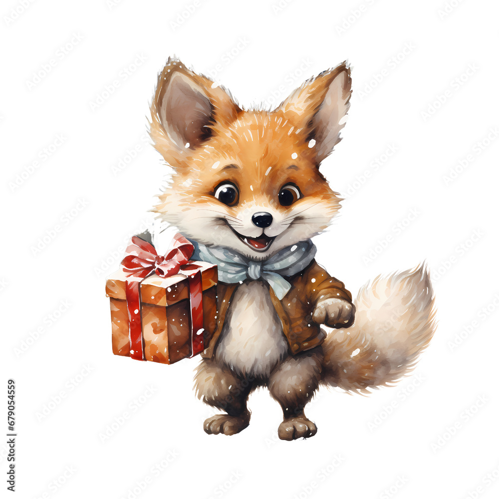 Obraz premium red fox with gift box watercolor illustration, New year decoration