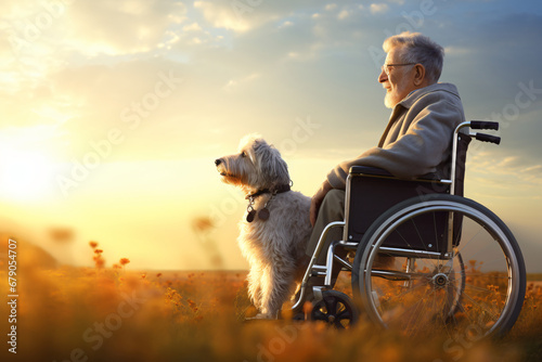 senior old man in wheelchair in bright light overlooking the window with dog photo