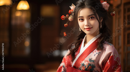 Smiling Chinese girls with Chinese new year traditional clothing  lunar spring festival