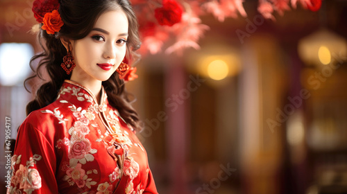 Smiling Chinese girls with Chinese new year traditional clothing, lunar spring festival