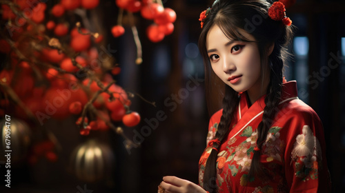 Smiling Chinese girls with Chinese new year traditional clothing, lunar spring festival