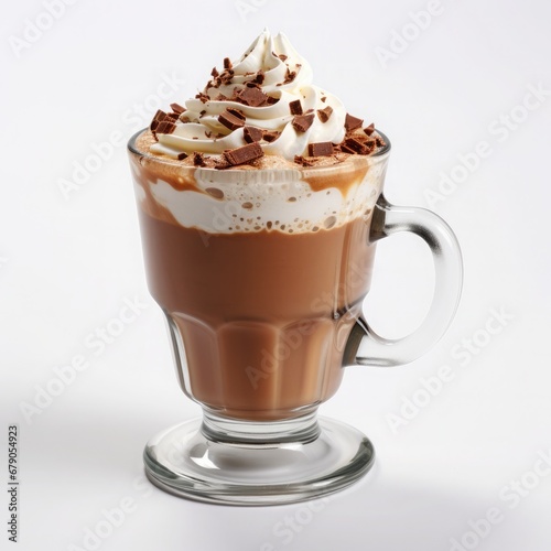 hotchocolate with topping of cream, pure white background 