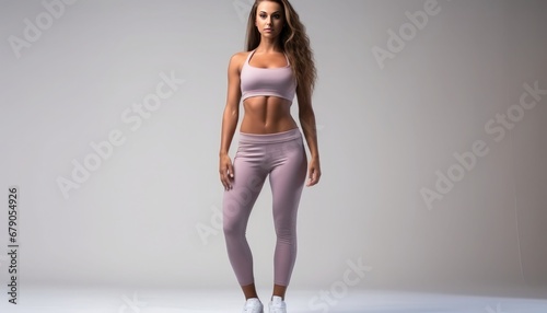 Attractive fit black female model wearing sporty leggins outfit on pastel, medium shot pure white background, 