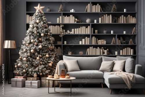 Living room decorated for Christmas with trees  gifts  walls  posters  canvas  full screen mockup  paint  frames. by Generative AI