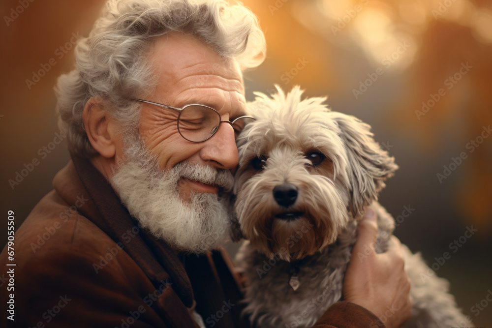 old man smiling with his dog in a park old man smiling with his dog in a park