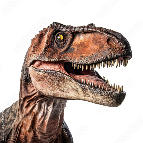 Close up of Tyrannosaurus dinosaur face isolated on a white transparent background © SuperPixel Inc