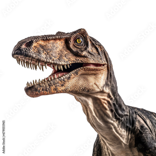 Close up of Allosaurus dinosaur face isolated on a white transparent background © SuperPixel Inc